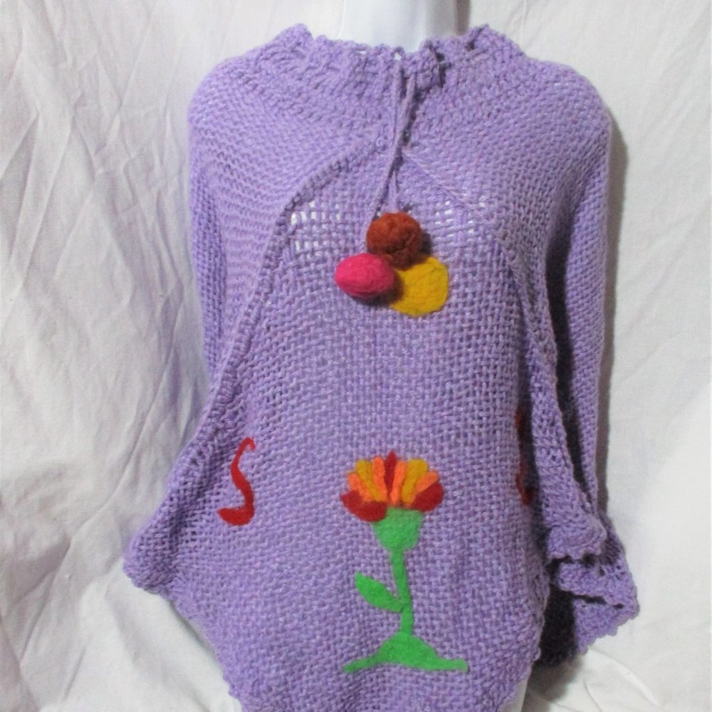 New ATELIER ADONAY Handmade LOOM Poncho Cape Jacket Hippie PURPLE FRINGE Ethnic